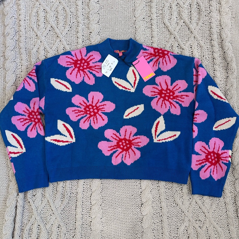 THML Blue and Pink Floral Turtleneck Sweater
